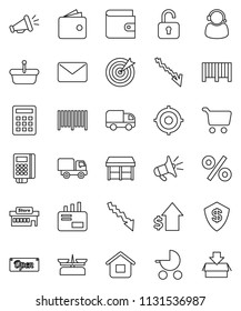 thin line vector icon set - cart vector, wallet, crisis, dollar growth, target, open, percent, market, mall, support, barcode, card reader, basket, home, calculator, delivery, mail, loudspeaker