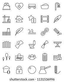 thin line vector icon set - toilet vector, foam basin, kettle, turk coffee, pen, fitball, film frame, link, group, battery, heart cross, broken bone, sperm, favorites, bench, pool, fence, lock, bath