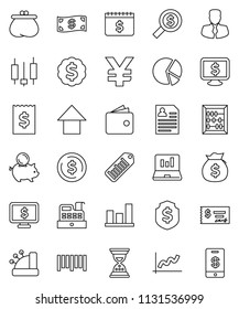 thin line vector icon set - abacus vector, dollar coin, graph, pie, japanese candle, laptop, wallet, money bag, piggy bank, manager, check, receipt, search, sand clock, arrow up, medal, shield, cash