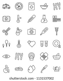 thin line vector icon set - thermometer vector, flask, heart cross, first aid kit, oxygen, disabled, vial, eye, pregnancy, dropper, crutches, scissors, patch, pills, bottle, mortar, chromosomes