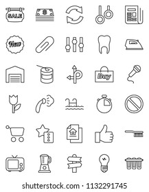 thin line vector icon set - fetlock vector, iron, steaming, stopwatch, sports nutrition, prohibition sign, gymnast rings, route, signpost, tulip, newspaper, tv, settings, finger up, tooth, favorites