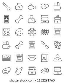 thin line vector icon set - spatula vector, toaster, oven, double boiler, plates, cereal, pasta, potato, steak, chicken leg, breads, no fastfood, bone
