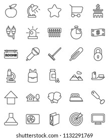 thin line vector icon set - rake vector, whisk, backpack, microscope, table lamp, bank building, binder, arrow up, diet, stopwatch, pills vial, boxing glove, ship, microphone, rca, thermometer, hub