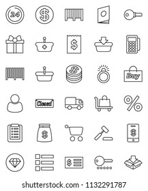 thin line vector icon set - receipt vector, gift, dollar coin, money bag, closed, 24 hour, percent, customer, buy, barcode, card reader, basket, cart, shopping list, auction, trolley, delivery, menu