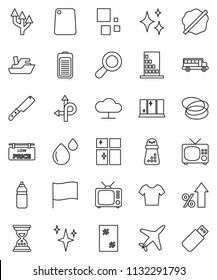 thin line vector icon set - shining vector, window cleaning, splotch, knife, cutting board, hand mill, school bus, flag, percent growth, sand clock, t shirt, water bottle, hoop, route, plane, ship