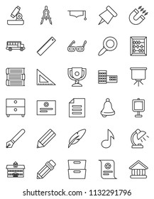 thin line vector icon set - book vector, graduate hat, pen, university, pencil, school building, corner ruler, drawing compass, glasses, microscope, bell, table lamp, paper pin, award cup, magnet