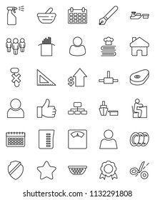 thin line vector icon set - sprayer vector, plates, colander, measuring cup, cookbook, pasta, steak, pen, corner ruler, student, medal, dollar growth, man, hierarchy, calendar, scales, port, no hook