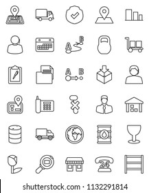 thin line vector icon set - navigator vector, earth, map pin, office, phone, 24, support, client, delivery, calendar, clipboard, document, glass, cargo, no hook, tulip, warehouse, package, sorting