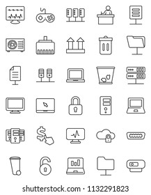 thin line vector icon set - trash bin vector, student, notebook pc, laptop graph, dollar cursor, top sign, gamepad, monitor, hdmi, diagnostic, server, network folder, cloud lock, lan connector