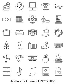 thin line vector icon set - house hold vector, apple fruit, music, archive, constellation, investment, cereals, navigator, phone, truck trailer, port, dry cargo, Railway carriage, microbs, server