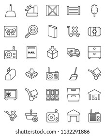 thin line vector icon set - scoop vector, washing powder, cereal, archive, binder, safe, first aid kit, wood box, cargo, no trolley, warehouse, package, search, radio, mailbox, relocation truck