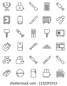 thin line vector icon set - camping cauldron vector, spatula, knife, grater, toaster, blender, award cup, magnet, gold ingot, safe, hand trainer, consolidated cargo, battery, scalpel, tooth implant