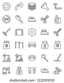 thin line vector icon set - scraper vector, vacuum cleaner, rake, iron, steaming, student, money bag, case, horizontal bar, big scales, group, vial, scissors, data, gear, bench, construction crane