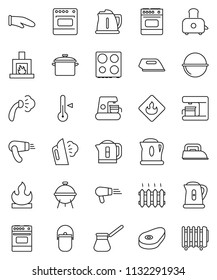 thin line vector icon set - steaming vector, pan, camping cauldron, kettle, cook glove, turk coffee, toaster, oven, thermometer, bbq, steak, flammable, fireplace, heating, iron, maker, hair dryer