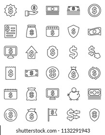 thin line vector icon set - exchange vector, dollar coin, cash, money bag, piggy bank, investment, growth, receipt, medal, flag, shield, calendar, monitor, cursor, sign