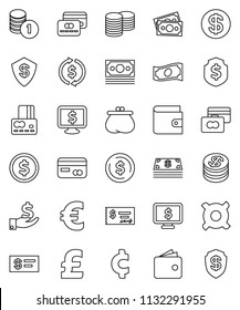 thin line vector icon set - exchange vector, dollar coin, credit card, wallet, cash, investment, stack, check, shield, monitor, any currency, euro sign, pound, cent, money