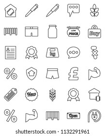 thin line vector icon set - jar vector, pen, medal, personal information, pound, muscule hand, shorts, cereals, no hook, weight, barcode, message, low price signboard, smart home, protect, new, open