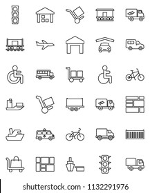 thin line vector icon set - school bus vector, bike, Railway carriage, plane, traffic light, ship, truck trailer, sea container, delivery, car, port, consolidated cargo, warehouse, disabled, garage