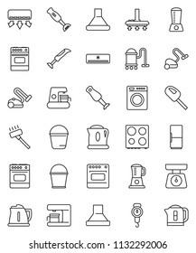 thin line vector icon set - vacuum cleaner vector, bucket, kettle, scales, oven, blender, air conditioner, fridge, washer, coffee maker, hood