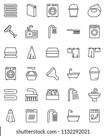 thin line vector icon set - soap vector, scraper, fetlock, bucket, sponge, towel, bath, drying clothes, washer, washing powder, shower, sink, dishwasher