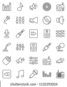 thin line vector icon set - music vector, disk, microphone, radio, speaker, loudspeaker, settings, equalizer, forward button, backward, rca, jack