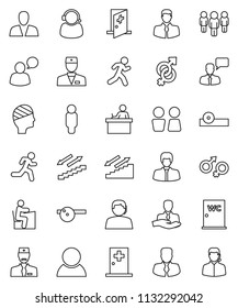 thin line vector icon set - water closet vector, student, manager, man, stairways run, support, client, speaking, doctor, gender sign, eye hat, head bandage, medical room, consumer