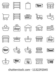 thin line vector icon set - office vector, cargo, warehouse, weight, shelving, new, open, closed, shopping bag, market, store, mall, buy, basket, cart, scales