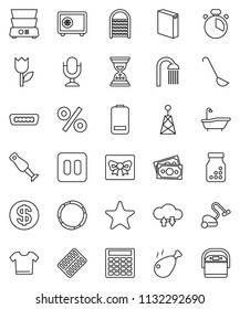 thin line vector icon set - vacuum cleaner vector, bath, washing powder, washboard, shower, cook timer, ladle, double boiler, blender, chicken leg, calculator, sand clock, safe, hoop, money, tulip