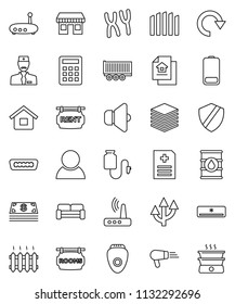 thin line vector icon set - office vector, truck trailer, oil barrel, speaker, battery, hdmi, chromosomes, anamnesis, drop counter, doctor, big data, shield, router, redo, route arrow, house, fence