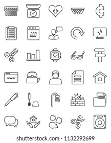 thin line vector icon set - toilet brush vector, house hold, garbage pile, kettle, colander, glasses, pen, scissors, document, graph, cent sign, heart monitor, support, dialog, speaking man, cross