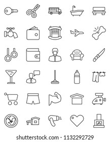 thin line vector icon set - mop vector, water tap, bath, drying clothes, knife, scissors, school bus, wallet, manager, muscule hand, shorts, bottle, gymnast rings, plane, glass, dry cargo, heart