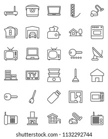 thin line vector icon set - plunger vector, broom, vacuum cleaner, tv, home, key, cottage, chalet, garage, plan, apartments, fireplace, password, multi cooker, microwave oven, toaster, kettle, phone