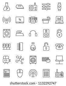 thin line vector icon set - iron vector, washer, calculator, flask, laptop graph, molecule, heart monitor, radio, antenna, video camera, headphones, notebook pc, classic phone, speaker, tomography