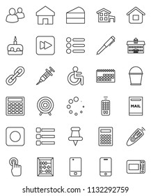 thin line vector icon set - bucket vector, cake, university, pen, calculator, abacus, target, calendar, remote control, mobile phone, touchscreen, group, thumbtack, forward button, rec, disabled