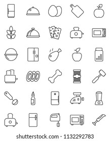 thin line vector icon set - camping cauldron vector, ladle, meat hammer, cutting board, mixer, toaster, microwave oven, plates, dish, egg, pasta, chicken leg, oil, apple fruit, pills vial, cereals
