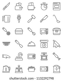 thin line vector icon set - sponge vector, water tap, pan, kettle, colander, measuring cup, scales, cook glove, timer, press, whisk, skimmer, spatula, ladle, knife, rolling pin, meat hammer, toaster