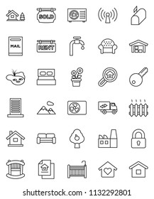 thin line vector icon set - house vector, chalet, pond, mailbox, water supply, fruit tree, mountain, barn, estate document, rent signboard, sold, search, key, lock, crib, cushioned furniture