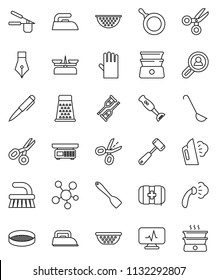 thin line vector icon set - fetlock vector, iron, steaming, rubber glove, pan, colander, cook press, spatula, ladle, meat hammer, grater, double boiler, blender, sieve, pen, scissors, first aid kit