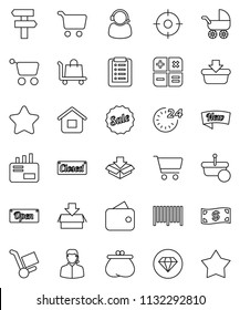 thin line vector icon set - cart vector, wallet, cash, star, sale, new, open, closed, 24 hour, support, target, barcode, basket, home, shopping list, calculator, trolley, mail, diamond ring, package