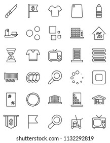 thin line vector icon set - cleaner trolley vector, window cleaning, plates, towel, knife, cutting board, flag, magnifier, percent growth, sand clock, dollar, t shirt, water bottle, hoop, ship, tv