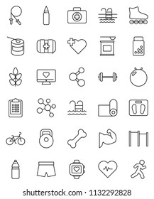 thin line vector icon set - barbell vector, scales, heart pulse, clipboard, pills vial, bike, weight, jump rope, horizontal bar, punching bag, fitball, muscule hand, shorts, roller Skates, molecule