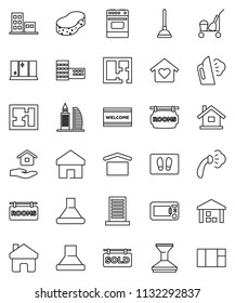 thin line vector icon set - plunger vector, cleaner trolley, sponge, car fetlock, welcome mat, steaming, shining window, house hold, oven, school building, dry cargo, warehouse, home, plan, sold