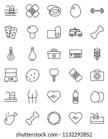 thin line vector icon set - oil vector, double boiler, egg, mushroom, potato, chicken leg, barbell, heart pulse, buttocks, water bottle, fitness mat, cereals, breads, pool, first aid kit, bone, hoop