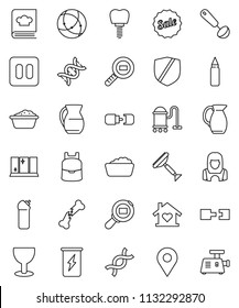 thin line vector icon set - scraper vector, vacuum cleaner, foam basin, cleaning agent, shining window, woman, ladle, cookbook, jug, backpack, punching bag, enegry drink, glass, protected, dna, pin