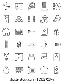 thin line vector icon set - clothespin vector, house hold, apple fruit, music, archive, constellation, personal information, hierarchy, cereals, phone, truck trailer, port, dry cargo, settings, vial