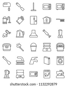 thin line vector icon set - water tap vector, vacuum cleaner, fetlock, mop, bucket, washing powder, rubber glove, kettle, spatula, microwave oven, double boiler, fridge, washer, dishwasher, mixer