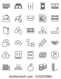 thin line vector icon set - washing powder vector, colander, cookbook, plates, pasta, pencil, corner ruler, apple fruit, coin stack, hierarchy, stadium, buttocks, pills, satellite, truck trailer