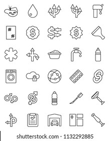 thin line vector icon set - scraper vector, water drop, car fetlock, window cleaning, washer, foam basin, exchange, dollar medal, bottle, route, internet, ambulance star, gender sign, pills blister