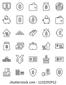 thin line vector icon set - school building vector, dollar coin, gold ingot, credit card, wallet, percent growth, money bag, piggy bank, investment, check, receipt, shield, monitor, euro sign, yen