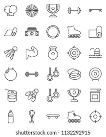 thin line vector icon set - award cup vector, target, barbell, stadium, weight, punching bag, fitball, muscule hand, boxing glove, roller Skates, skateboard, sports nutrition, water bottle, pool
